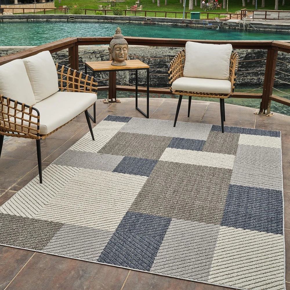 Rug Branch Hogar Abstract Indoor Outdoor Area Rug, Grey Blue, Geometric - Living Room, Bedroom, Dining Room, and Kitche