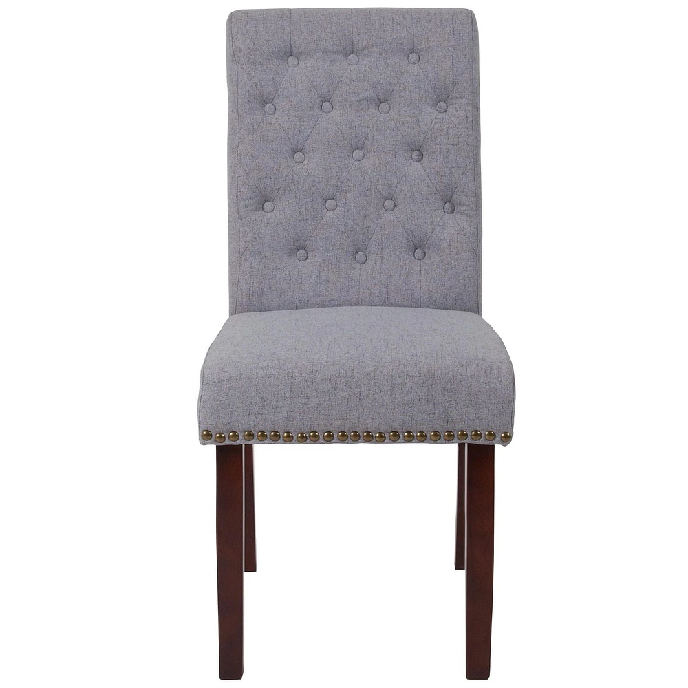 HERCULES Series Light Gray Fabric Parsons Chair with Rolled Back, Accent Nail Trim and Walnut Finish
