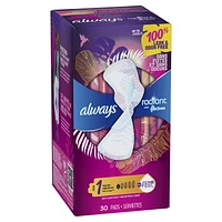 Always Radiant Feminine Pads for Women, Size 1 Regular, with Wings, Light Clean Scent, 30CT