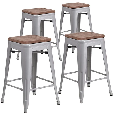 4 Pk. 24" High Backless Silver Metal Counter Height Stool with Square Wood Seat