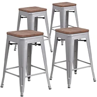 4 Pk. 24" High Backless Silver Metal Counter Height Stool with Square Wood Seat