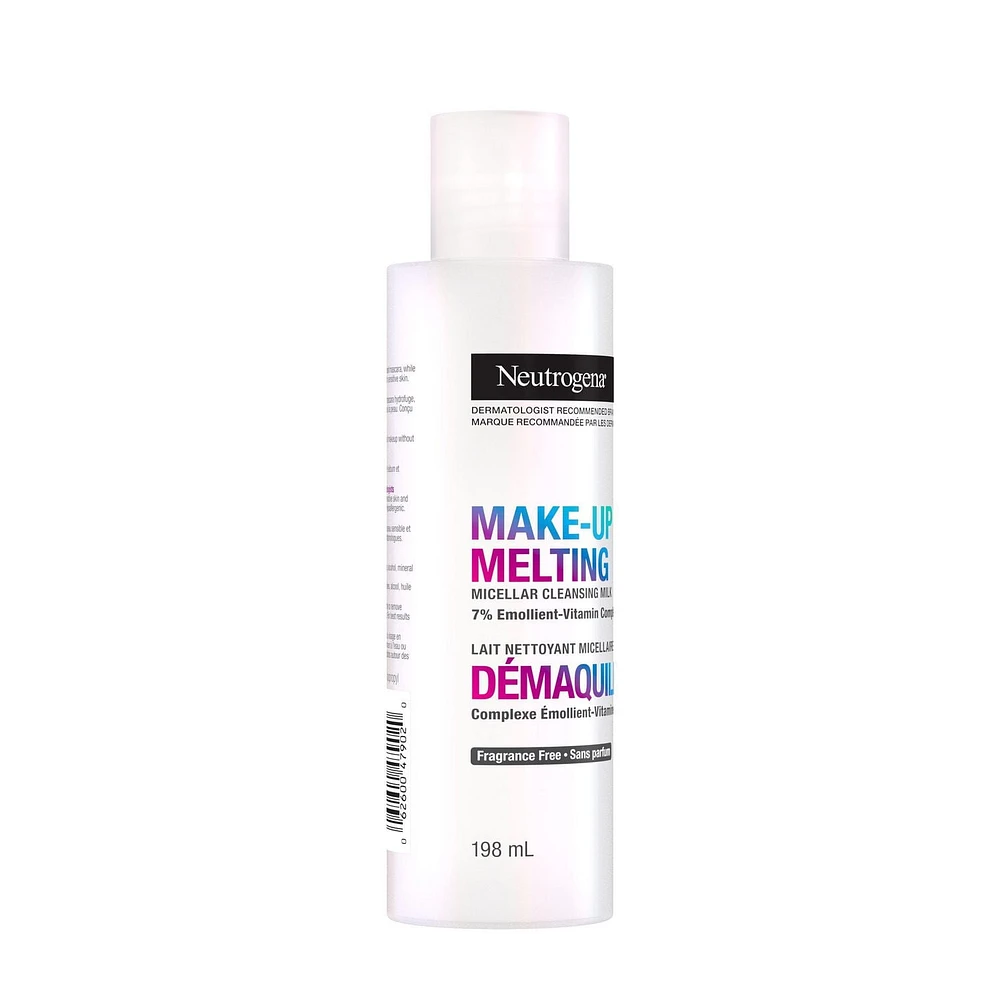 Neutrogena Make-up Melting Micellar Cleansing Milk - Makeup Remover - Vitamins & Emollients - Sensitive Skin – Fragrance Free, 198 mL