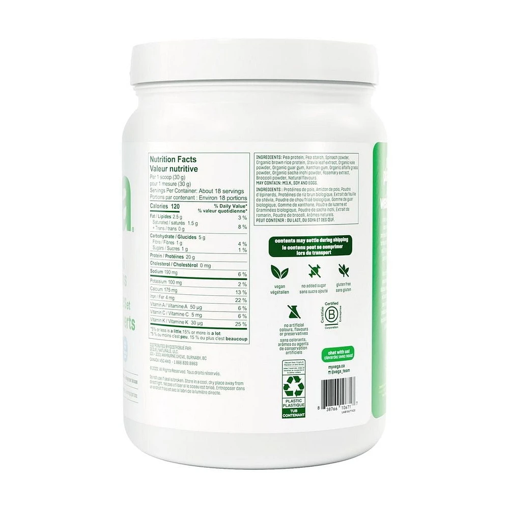 Poudre à la vanille sans gluten Protéines et légumes verts de Vega 18 Portions, 526g