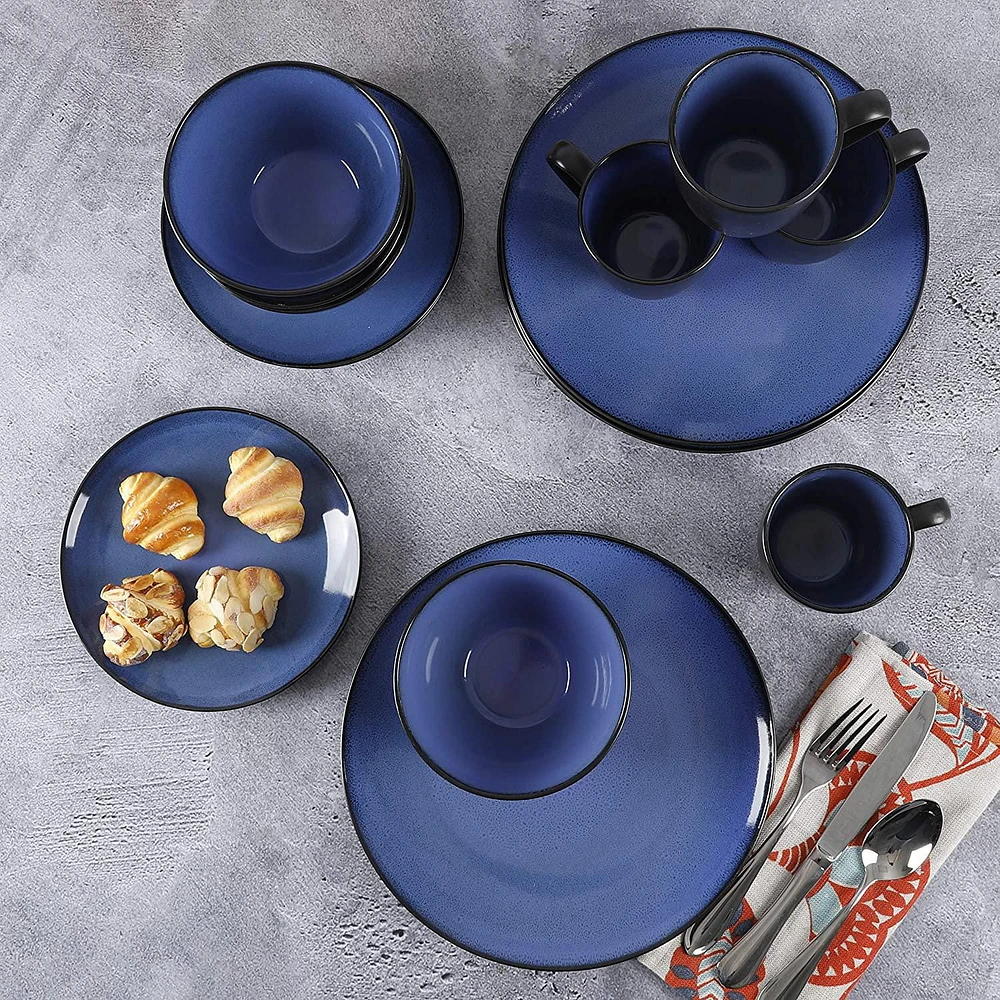 Gibson Home – Vaisselle en grès Soho Round, 16 pièces, bleu et noir