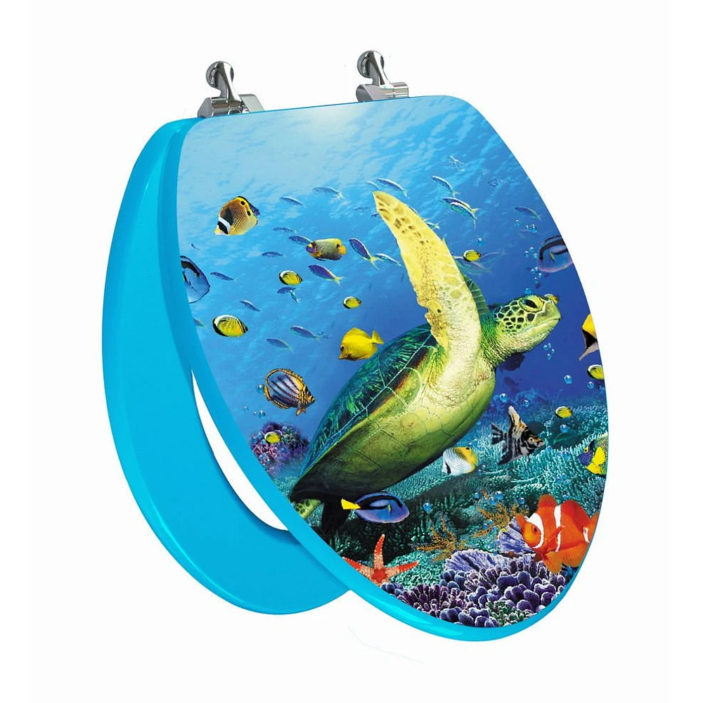 TopSeat High Res 3D Image Sea Turtle Elongated Regular Lid Closure Chromed Metal Hinges Toilet Seat