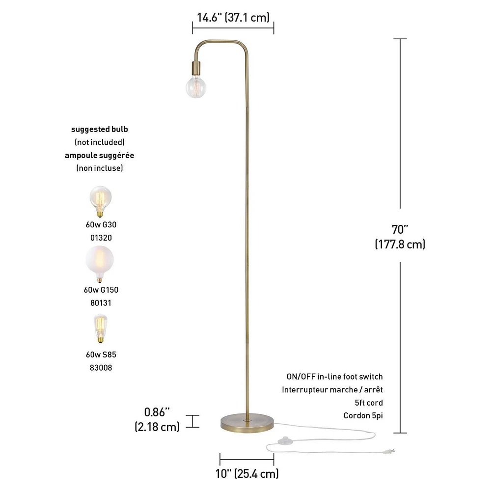 Lampe sur pied en métal de 70 po, collection Holden par Globe Electric, interrupteur marche/arrêt en ligne, 67067