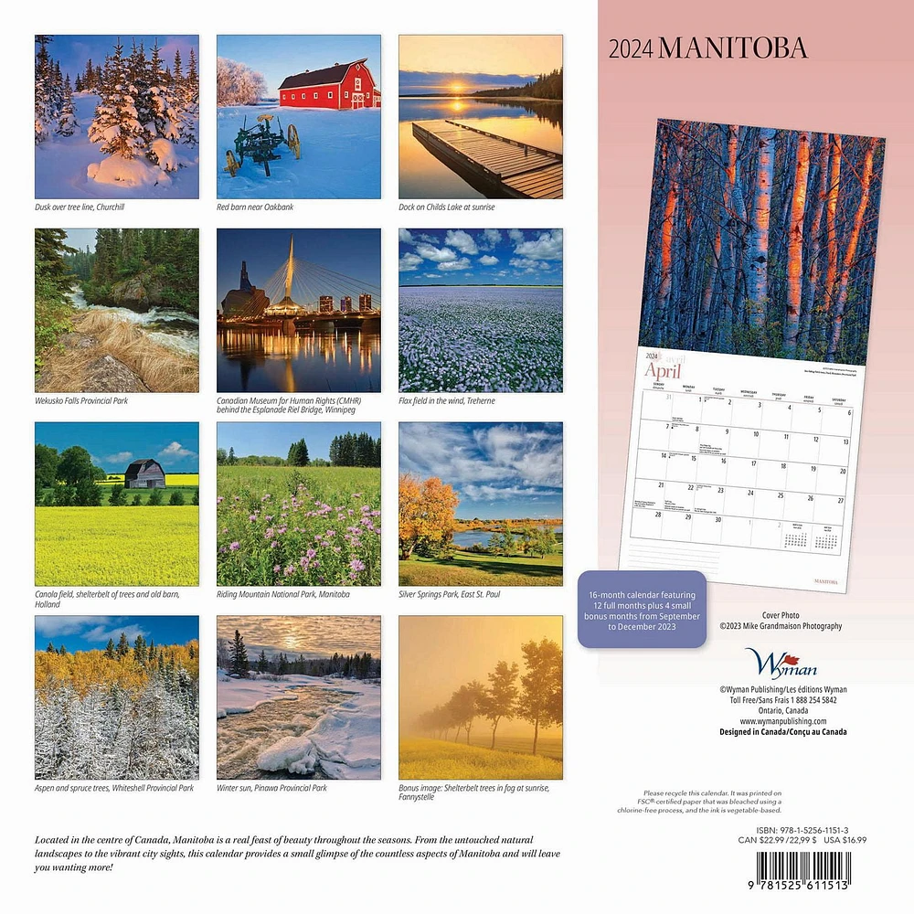 Wyman Publishing Manitoba 2024 12x24 Inch Square Wall Calendar, 9781525611513