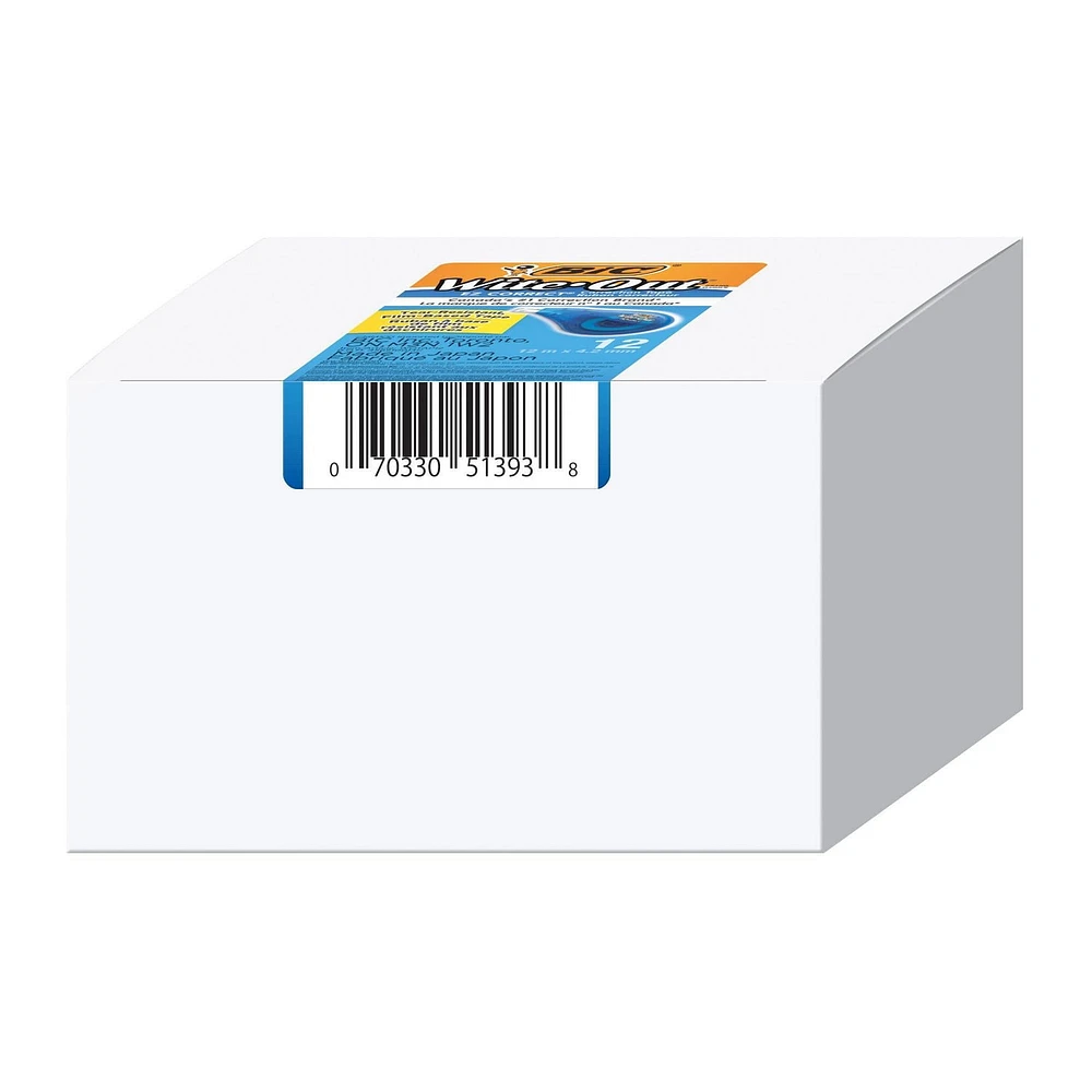 Ruban correcteur BIC Wite-Out EZ Correct, 12 mètres, paquet de 12 rubans correcteurs blancs, ruban résistant à la déchirure, rapide, propre et facile à utiliser, fournitures scolaires ou de bureau