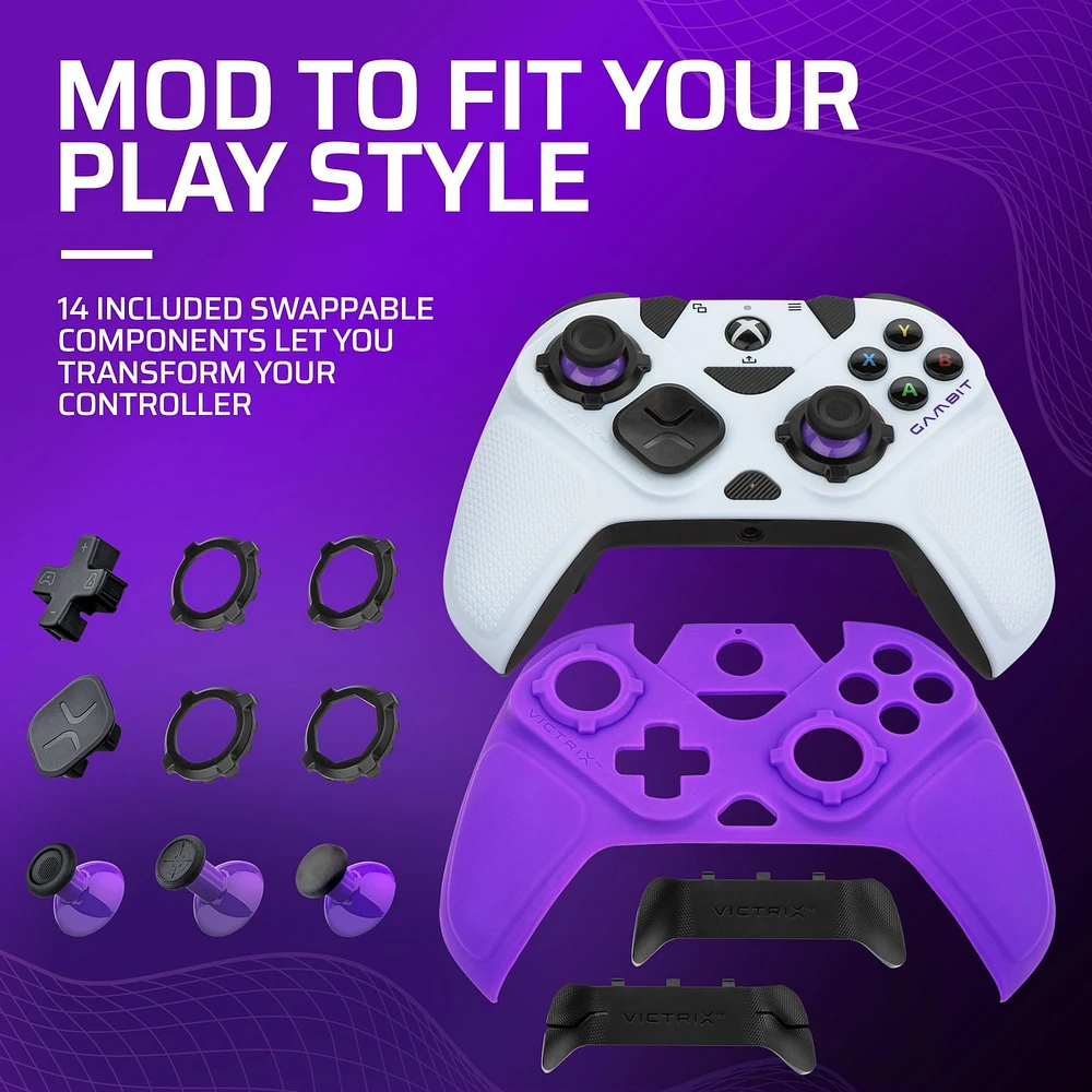 Victrix Gambit World's Fastest Licensed Xbox Controller for Xbox One, Series X|S – PC Compatible - Elite Esports Design with Custom Paddles, Swappable Pro Thumbsticks & White / Purple Faceplates