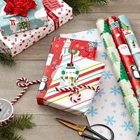 Papier d'emballage Hallmark réversible de Noël pour enfants, motif tendance (3 rouleaux : 120 pieds carrés au total) dinosaures, koalas, ours polaires, pingouins, chameaux, zèbres, rayures