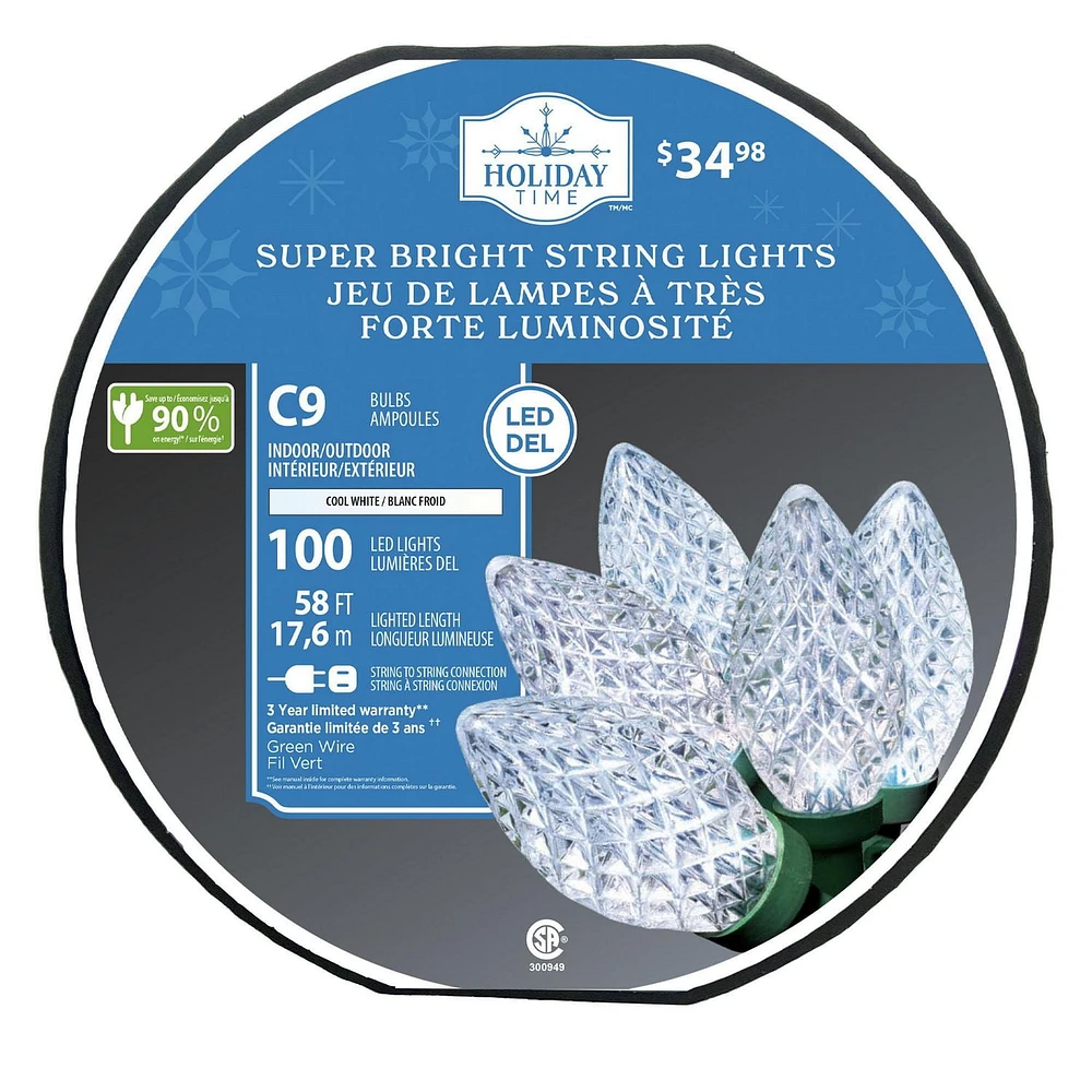 Lot de 100 lumières de Noël C9 à DEL blanc froid Holiday Time, taille diamant, avec fil vert, 58 pieds