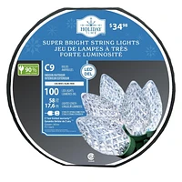 Lot de 100 lumières de Noël C9 à DEL blanc froid Holiday Time, taille diamant, avec fil vert, 58 pieds