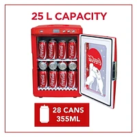 Coca-Cola 25L Mini Fridge, Portable 28 Can Cooler, Display Window for Travel, Home, Office- Red