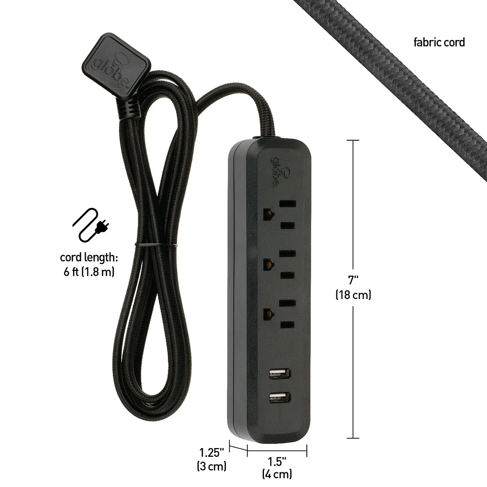Rallonge multiprise protectrice de surtension USB Serie Designer de Global Electric à 3 prises de 6 pi