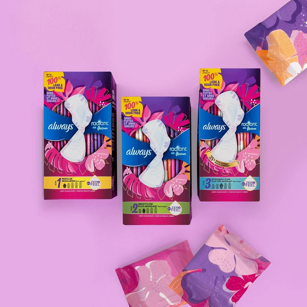 Always Radiant Feminine Pads for Women, Size 1 Regular, with Wings, Light Clean Scent, 30CT