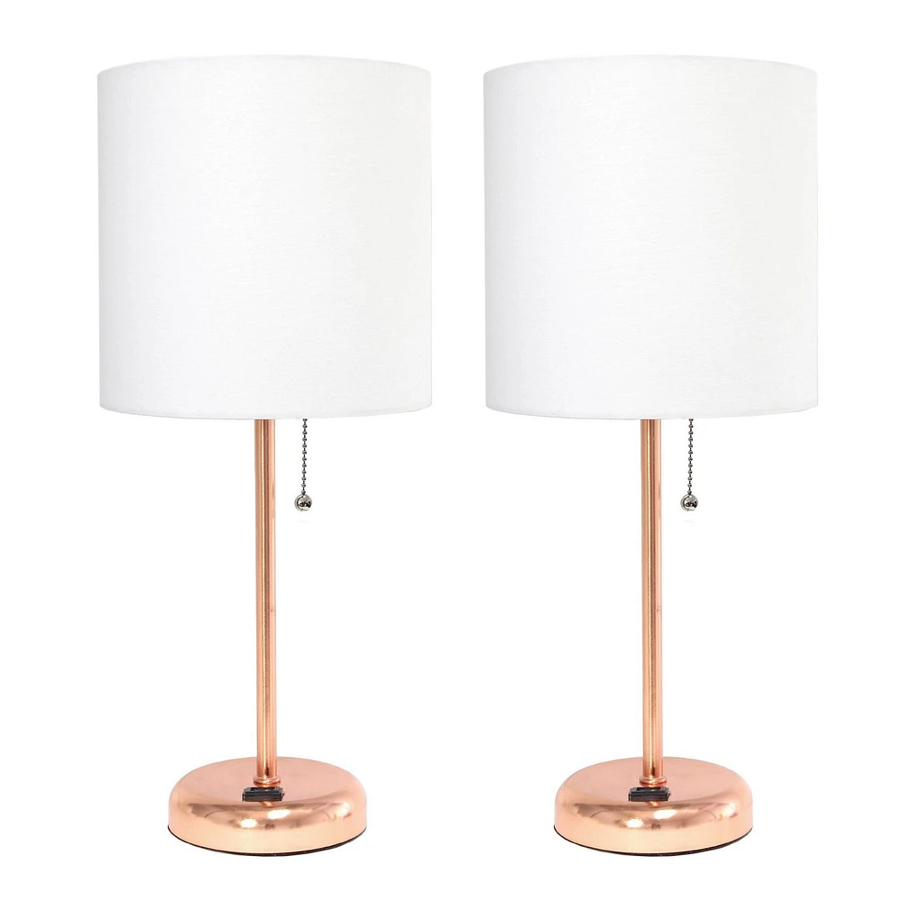LimeLights Lampe bâton en or rose avec prise de charge et abat-jour en tissu, lot de 2