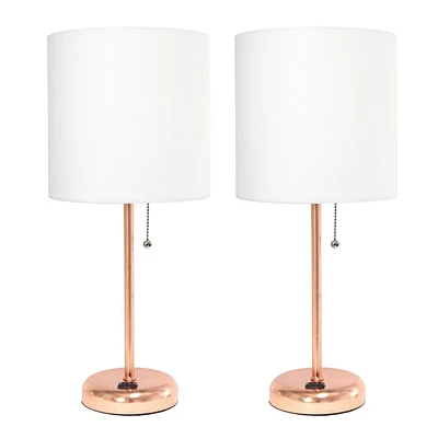 LimeLights Lampe bâton en or rose avec prise de charge et abat-jour en tissu, lot de 2