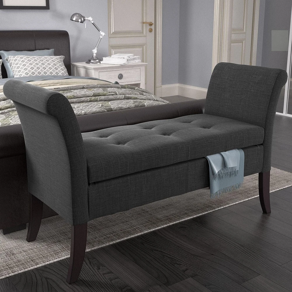 Banc de rangement Antonio avec bras en volute, gris foncé