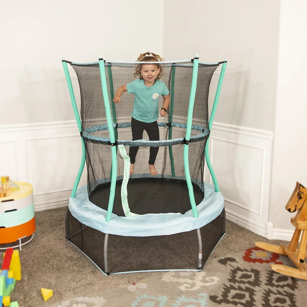 SKYWALKER TRAMPOLINES 48 pouces, rond bleu sarcelle, trampoline d'intérieur pour enfants, mini videur, rebondeur avec filet de sécurité et rembourrage