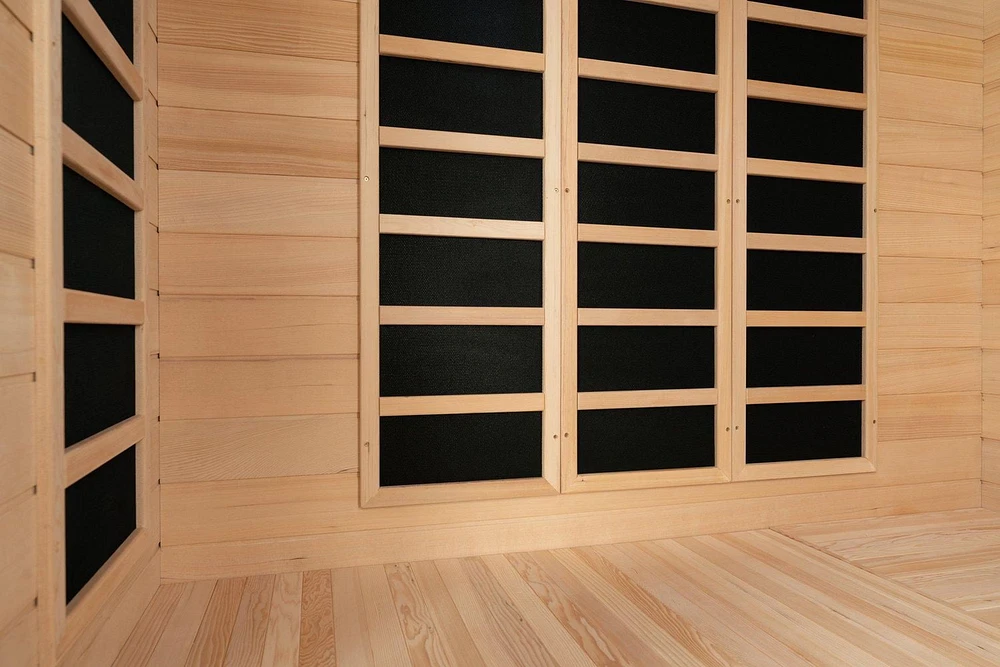 Sauna infrarouge lointain Blisspod pour 4 à 5 personnes, pruche de qualité supérieure, faible EMF, 12 radiateurs, coin, spacieux.