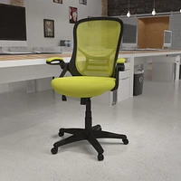 Chaise de bureau ergonomique pivotante en maille verte à dossier haut avec cadre noir et bras rabattables