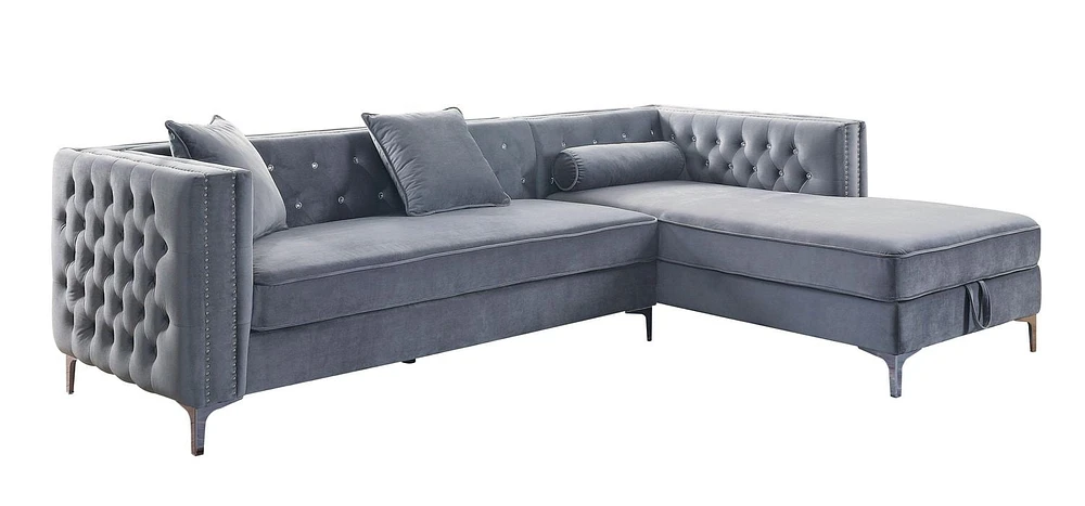 Topline Home Furnishings 2 Piece Sectional with Right Side Storage Chaise, Grey Velvet