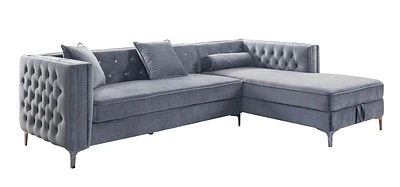 Topline Home Furnishings 2 Piece Sectional with Right Side Storage Chaise, Grey Velvet