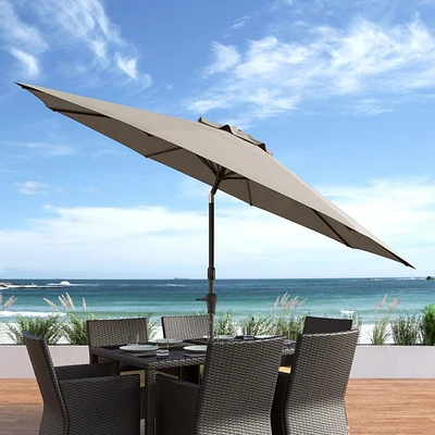 Parasol de marché rond inclinable résistant au vent de 10 pieds CorLiving avec manivelle et cadre en aluminium et en acier