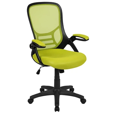 Chaise de bureau ergonomique pivotante en maille verte à dossier haut avec cadre noir et bras rabattables