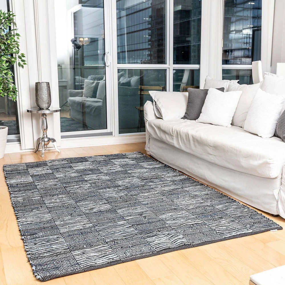 Fabstyles Checkerboard Denim Leather Handmade Area Rag Rug for Living Room, Hallway, Patio