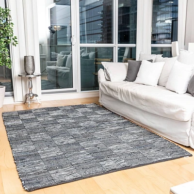 Fabstyles Checkerboard Denim Leather Handmade Area Rag Rug for Living Room, Hallway, Patio