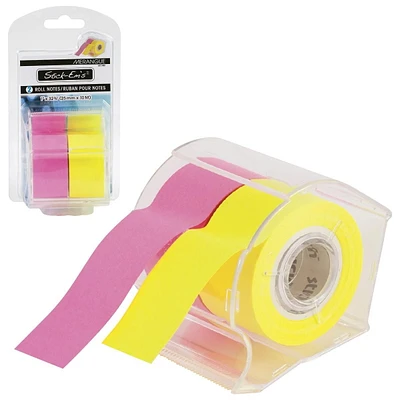 Merangue Rouleaux de notes adhésives avec distributeur, 10 mètres, jaune/rose, Paquet de 4