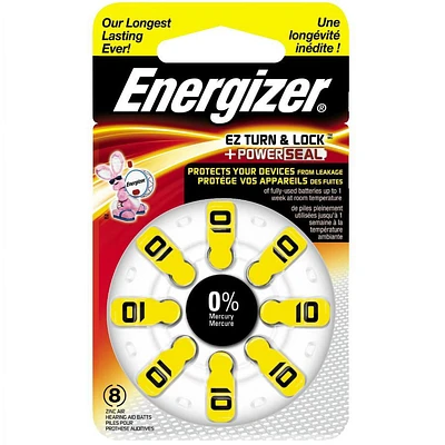 EZ Turn and Lock Size 10 Hearing Batteries - 8 Pack, Longer tabs are coloured and clearly marked with the  size to make it easy for shopping, handling and inserting hearing aid batteries||Long lasting zero-mercury hearing aid batteries||EZ TURN and LOCK(TM) keeps unused zinc air hearing aid batteries safe and secure||Batteries are easily removable fro