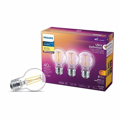 Philips Ultra Définition LED G16.5 E26 40 W équivalent ampoule globe à intensité variable Blanc doux (2 700 K), paquet de 3 Philips G16,5 40 W