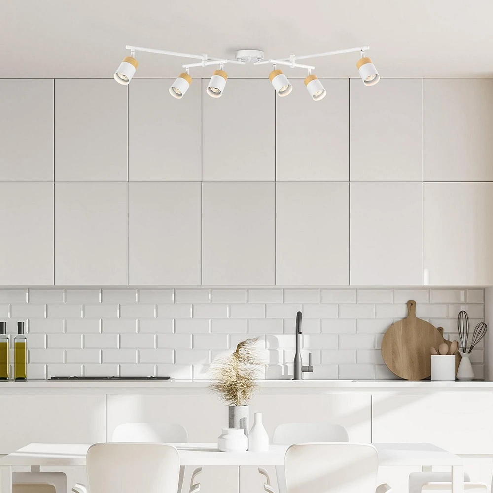 6-Light Matte White and Faux Wood Track Lighting with Double Center Swivel Bar and Pivoting Shades