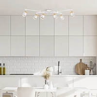 6-Light Matte White and Faux Wood Track Lighting with Double Center Swivel Bar and Pivoting Shades