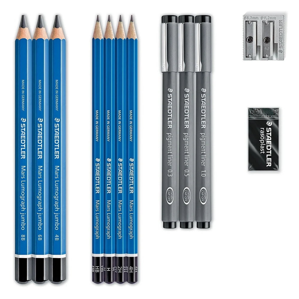 Staedtler Mars Lumograph Art Set | Drawing Kit with Art Pencils, Drawing Pens, Eraser and Double Hole Sharpener 61 100, Lumograph Drawing set