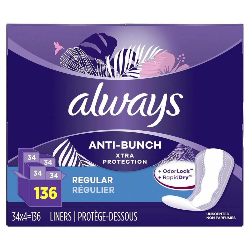 Protège-dessous quotidiens Always Anti-Bunch Xtra Protection, réguliers, non parfumés, 136 protège-dessous