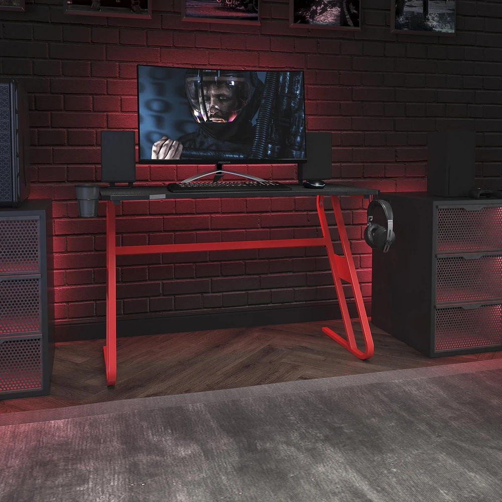 Bureau ergonomique de jeu rouge avec porte-gobelet et crochet pour casque