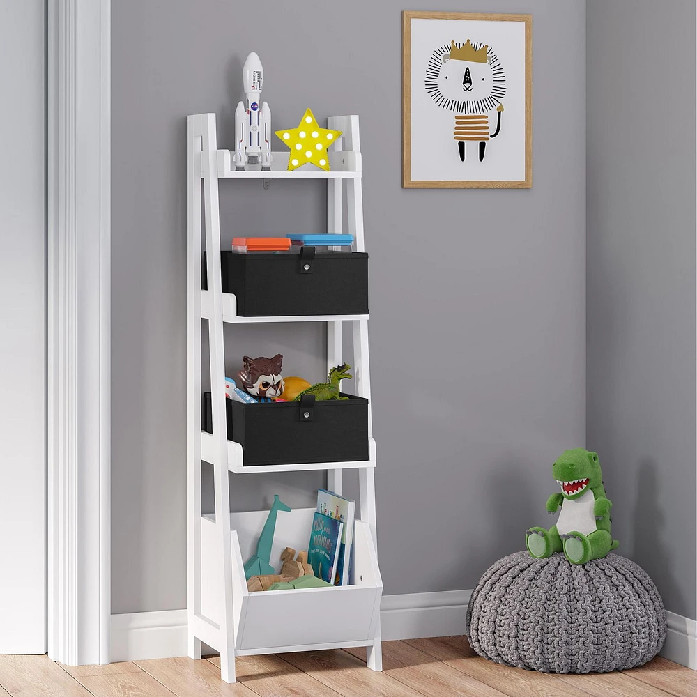 Kids 4-Tier 13in Ladder Shelf with Toy Organizer and 2pc Black Bins