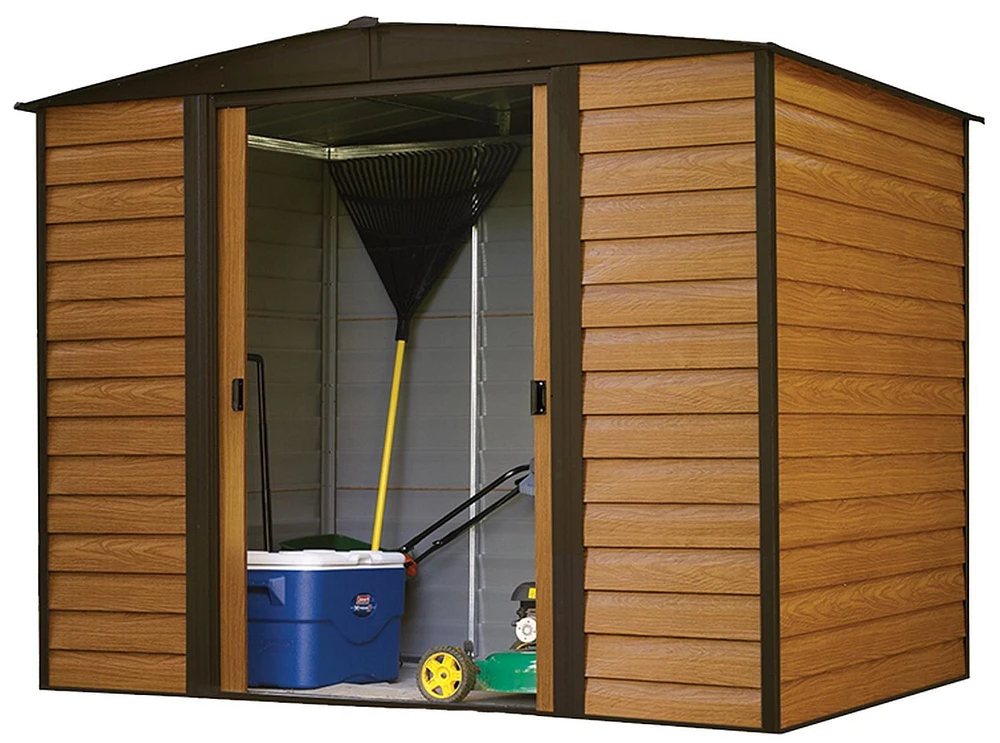 Abri de rangement d'acier Woodridge par Arrow en café/grain de bois