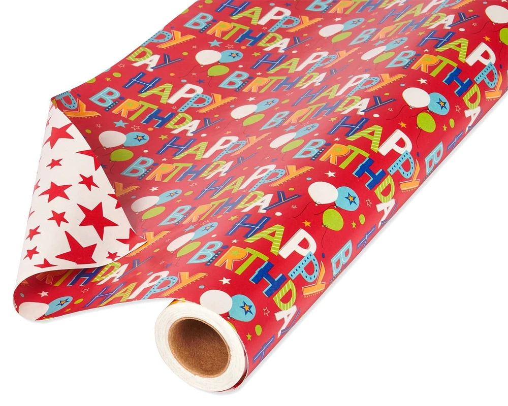 American Greetings Reversible Wrapping Paper, Happy Birthday Lettering and Stars (1 Jumbo Roll, 175 sq. ft.)