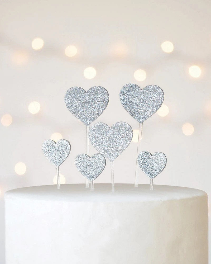 Gartner Studios Silver Glitter Heart Cake Picks, 6 Count