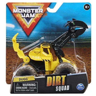 Monster Jam, Monster truck Dugg Dirt Squad Excavator officiel avec pièces mobiles, véhicule en métal moulé à l'échelle 1:64
