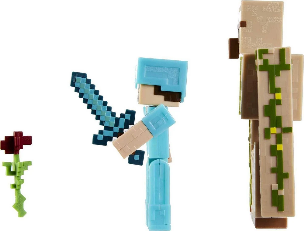 Minecraft  Steve and Iron Golem 3.25-inch Action Figure 2-Packs with 2 Figures and 2 Accessories