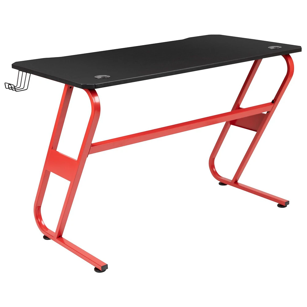 Bureau ergonomique de jeu rouge avec porte-gobelet et crochet pour casque