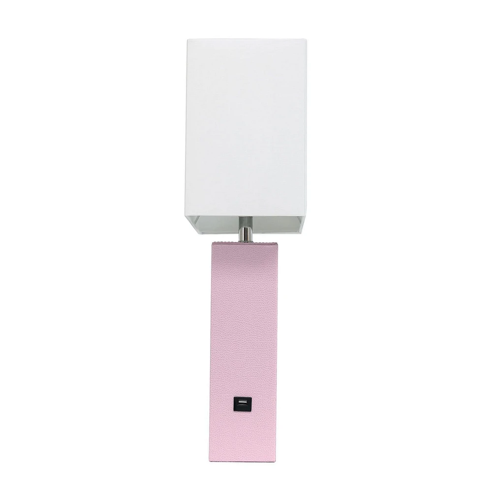 Lampe de table design moderne en cuir élégant avec abat-jour USB et tissu blanc