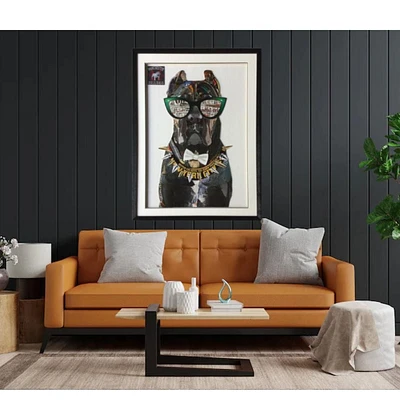 Peinture, dessin, chien portant des lunettes de soleil Collage Art<br>avec cadre PS noir<br>(39" H x 29,5" L x 1,5" P)