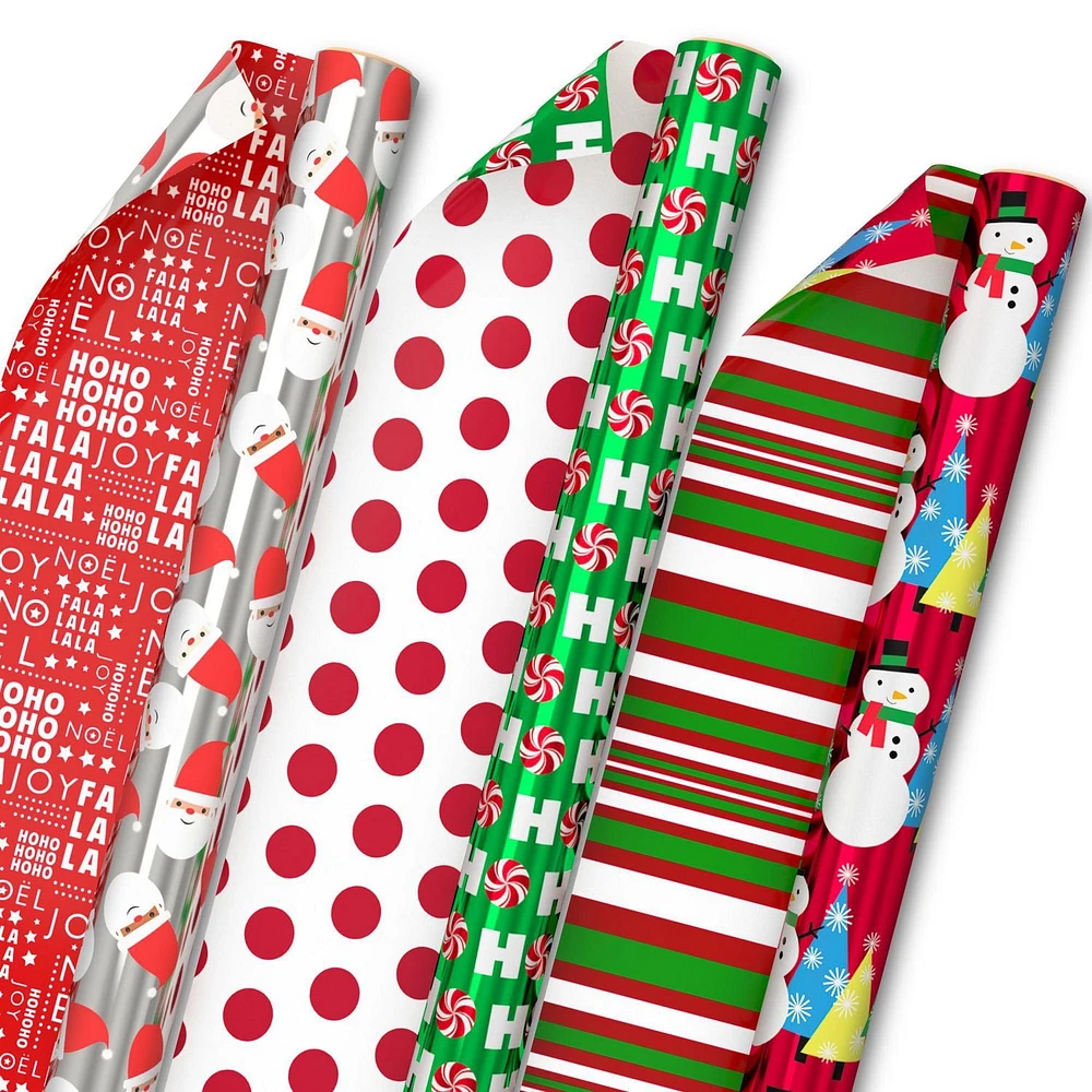Papier d'emballage réversible – Hallmark (Pères Noël, joyeux messages, bonbons, pois, bonshommes de neige, rayures)