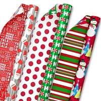 Papier d'emballage réversible – Hallmark (Pères Noël, joyeux messages, bonbons, pois, bonshommes de neige, rayures)